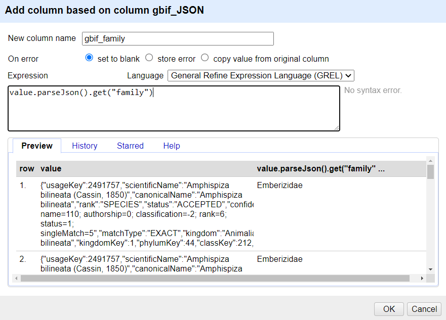 Parse JSON to extract taxonomic family