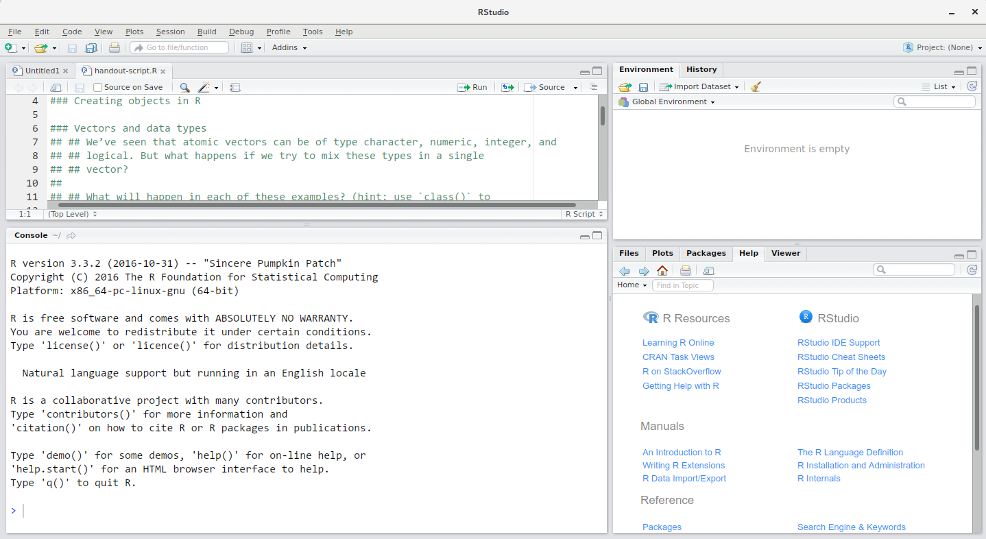 RStudio interface screenshot. Clockwise from top left: Source,Environment/History, Files/Plots/Packages/Help/Viewer,Console.