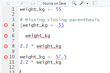 RStudio shows a red x next to a line of code that R doesn't understand.