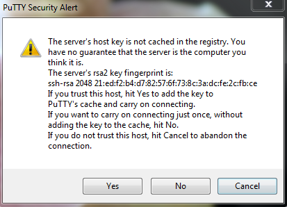Screenshot showing a security warning after opening a PuTTY session.