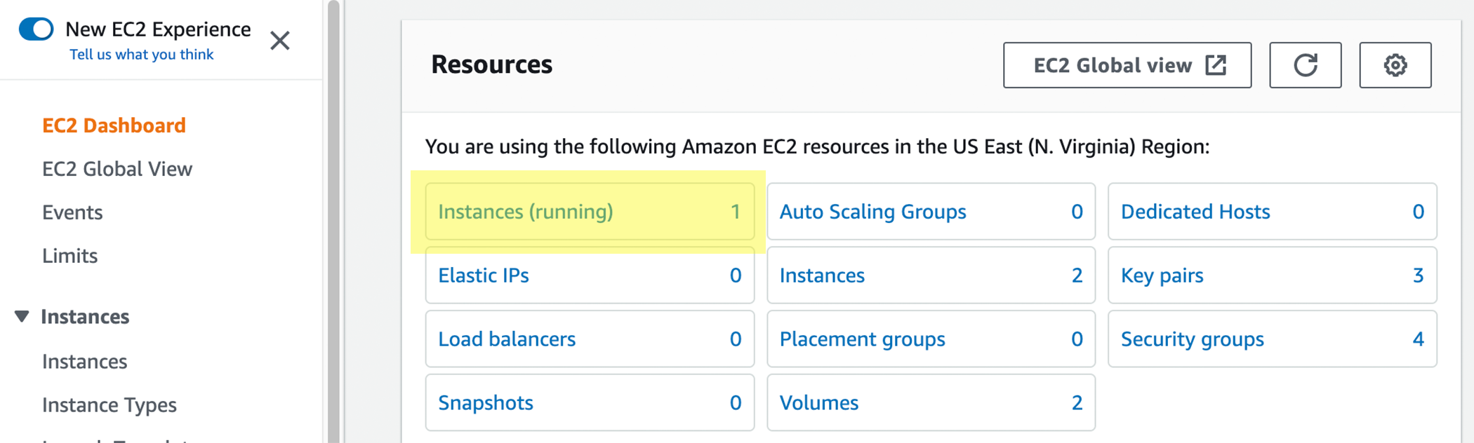 Screenshot of AWS EC2 dashboard showing number of running instances.