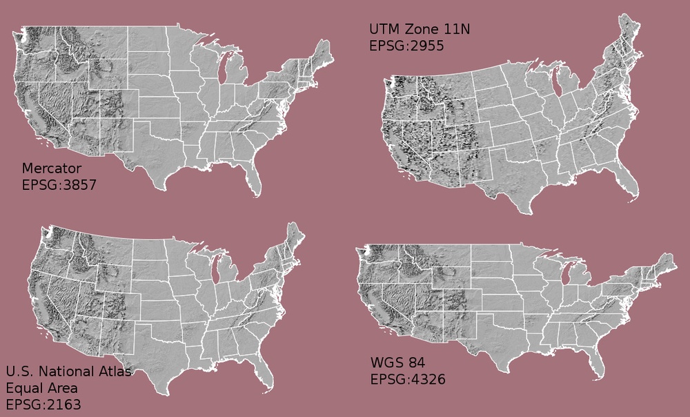 Maps of the United States using data in different projections. Source: opennews.org, from: https://media.opennews.org/cache/06/37/0637aa2541b31f526ad44f7cb2db7b6c.jpg