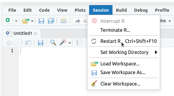 Screenshot showing clicking session from the menu bar and selecting Restart R