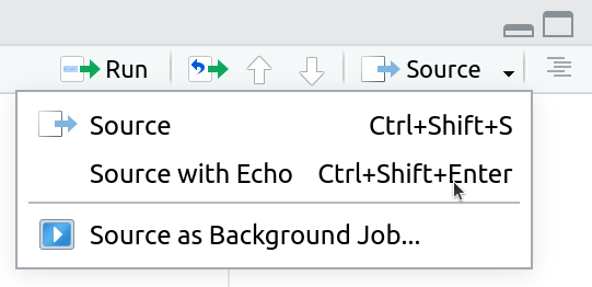 Screenshot showing the RStudio Source with Echo item hovered in the Source dropdown