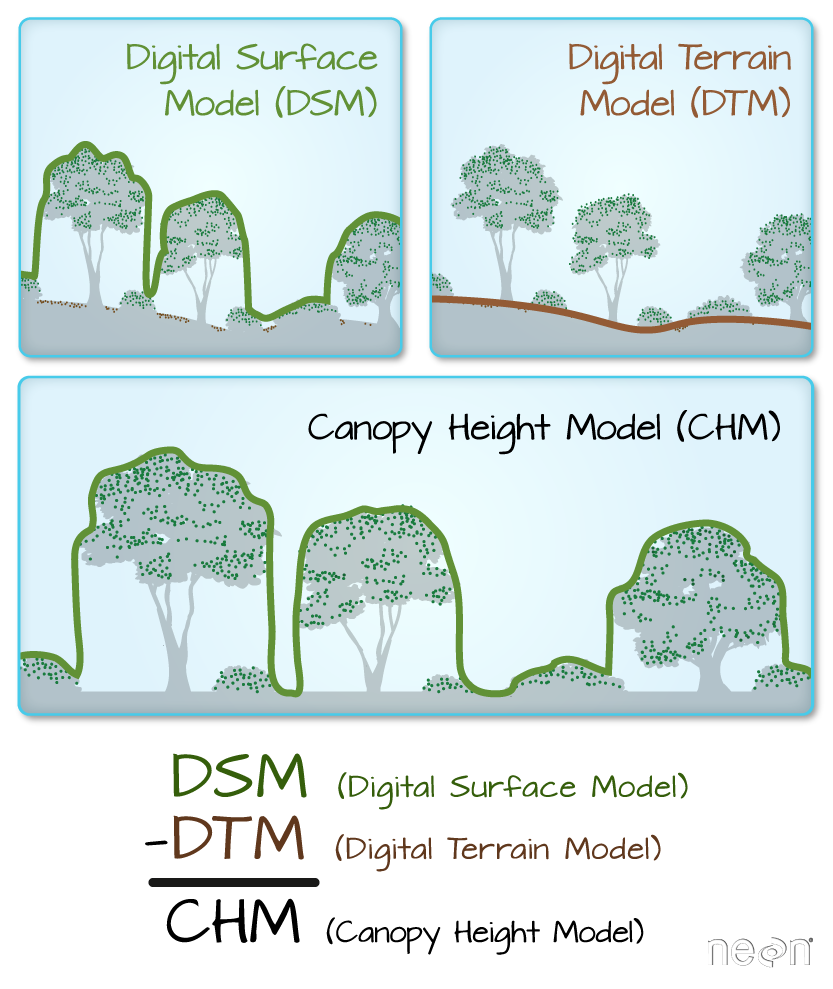 Panel 1: Drawing of trees on undulating terrain. A green line along the top of the trees indicates the Digital Surface Model.
Panel 2: Drawing of trees on undulating terrain. A brown line along the top of the terrain indicates the Digital Terrain Model.
Panel 3: Drawing of trees on a flat terrain. A green line along the top of the trees indicates the Canopy Height Model.
Panel 4: Equation: DSM (Digital Surface Model) - DTM (Digital Terrain Model) = CHM (Canopy Height Model).
