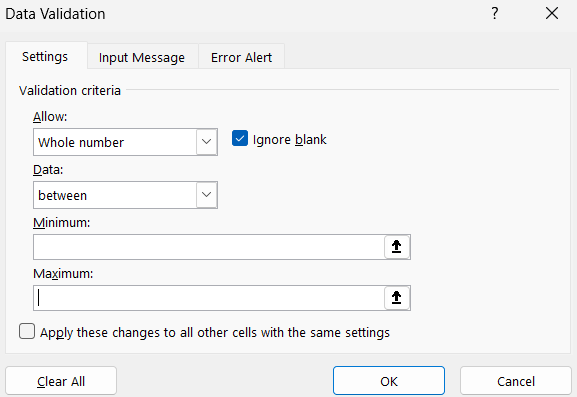 Image of data validation tab for number rules in Excel