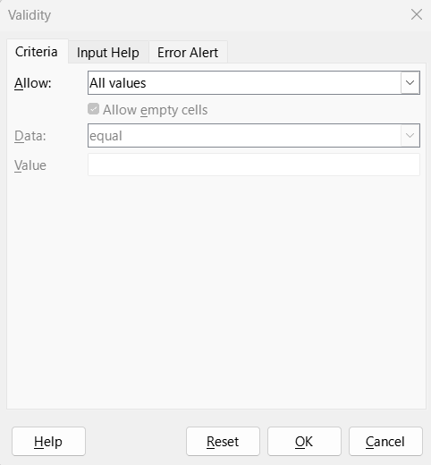 Image of data validation tab in LibreOffice