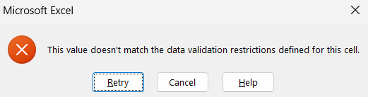 Image of error message for inputing invalid data in Excel