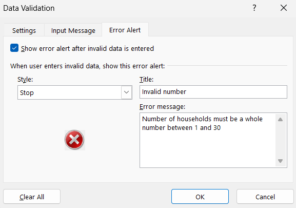 Image of Error Alert tab in Excel