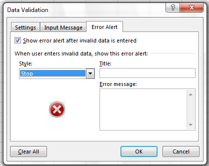 Image of Error Alert tab in Excel