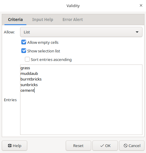 Image of filled in range of values to allow in LibreOffice