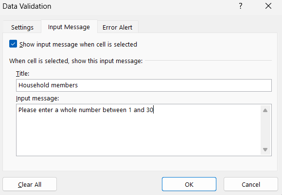 Image of Input Message tab in Excel