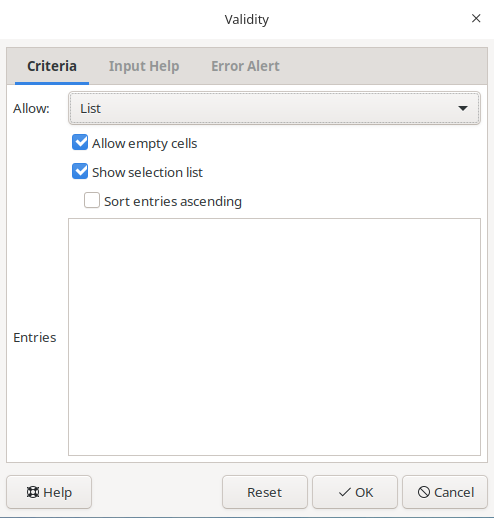 Image of selecting a range of values to allow in LibreOffice