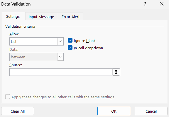 Image of selecting a range of values to allow in Excel